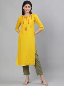 KIMAYRA Women Yellow Mirror Work Yoke Design Kurta