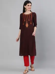 KIMAYRA Women Brown Ethnic Motifs Embroidered Thread Work Kurta