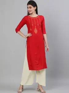 KIMAYRA Women Red & Yellow Ethnic Motifs Embroidered Thread Work Kurta