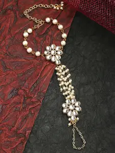 KARATCART Women Gold-Plated White Kundan & Pearls Ring Bracelet