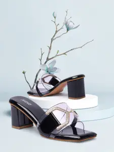 RINDAS Black Embellished Block Sandals with Bows