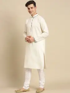 Sanwara Men Blue & Off White Floral Pleated Kurta Nehru Jacket Set with Churidar