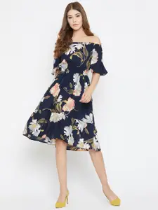 Ruhaans Navy Blue & dark sapphire Floral Off-Shoulder Georgette Dress