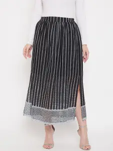 Ruhaans Women Black & White Embroidered Flared Maxi Skirt