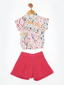 Peppermint Girls Peach-Coloured & Multicoloured Printed Shirt with Shorts