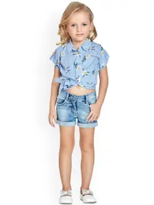 Peppermint Girls Blue & White Printed Shirt with Shorts