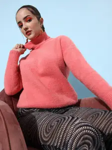 HERE&NOW Women Pink Turtle Neck Long Sleeves Pullover Sweaters