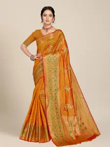 MS RETAIL Gold-Toned & Orange Woven Design Organza Banarasi Saree