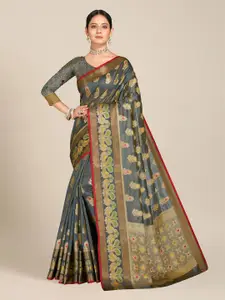 MS RETAIL Grey & Gold-Toned Woven Design Zari Organza Banarasi Saree