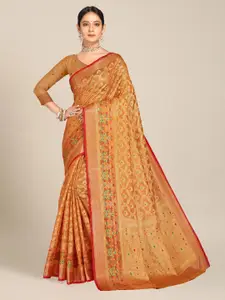MS RETAIL Peach-Coloured & Green Floral Zari Organza Banarasi Saree