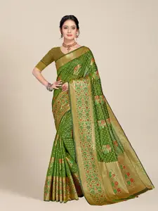 MS RETAIL Olive Green & Golden Woven Design Zari Organza Banarasi Saree