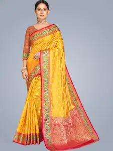 MS RETAIL Yellow & Red Woven Design Zari Organza Heavy Work Banarasi Saree