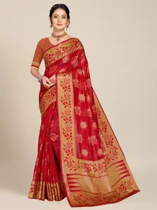 MS RETAIL Red & Gold-Toned Woven Design Zari Organza Banarasi Saree