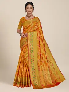 MS RETAIL Gold-Toned & Green Floral Zari Organza Banarasi Saree