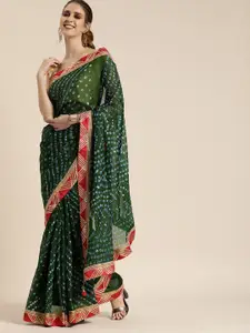 Geroo Jaipur Green & Red Bandhani Art Silk Bandhani Saree