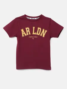 Angel & Rocket Boys Maroon Typography Printed Applique T-shirt