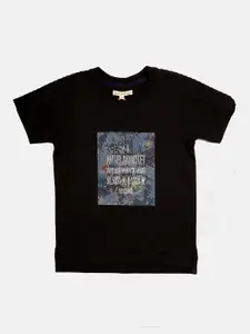 Angel & Rocket Boys Black Typography Printed V-Neck Applique T-shirt