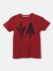 Angel & Rocket Boys Maroon Printed Applique T-shirt