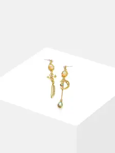 SOHI Gold-Plated White Stone Studded Contemporary Drop Earrings