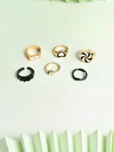 SOHI Set Of 6 Gold-Plated & Black Adjustable Finger Ring