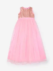 YK Pink Embellished Net Empire Maxi Dress