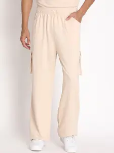 CHKOKKO Men Patel Beige Solid Relaxed Fit Cotton Track Pants