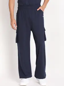 CHKOKKO Men Navy Blue Solid Cotton Relaxed Fit Track Pants