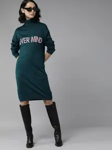 Roadster Women Teal Green & Pink Typography Print High Neck Jumper Dress