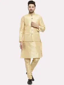 Kaifoo Men Gold-Toned Layered Kurta Set With Nehru Jacket