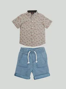 Zalio Boys Grey & Blue Printed Cotton Shirt with Shorts