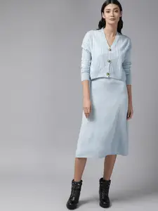 Roadster Blue A-Line Midi Dress with Cardigan