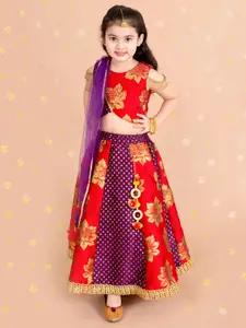 pspeaches Girls Red & Gold-Toned Ready to Wear Lehenga & Blouse With Dupatta