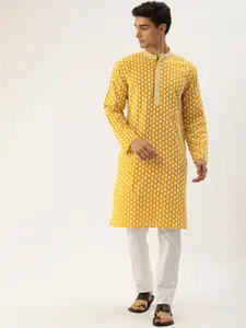 SWAGG INDIA Men Mustard Yellow & White Ethnic Motifs Embroidered Chikankari Kurta