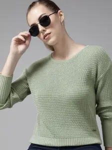 Roadster Women Green Self Design Pure Cotton Pullover