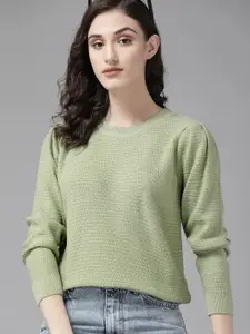The Roadster Lifestyle Co. Women Green Solid Acrylic Puff Sleeves Pullover