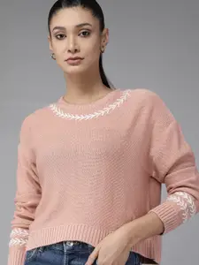 Roadster Women Dusty Pink & White Embroidered Pullover