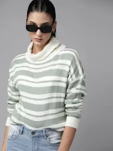 Roadster Women Off White & Green Striped Turtle Neck Pullover