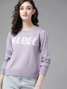 The Roadster Lifestyle Co. Women Lavender Typography Pattern Acrylic Pullover