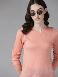 The Roadster Lifestyle Co. Women Peach-Coloured Solid Acrylic V-Neck Pullover