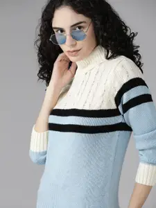 Roadster Women Blue & White Cable Knit Colourblocked Pullover