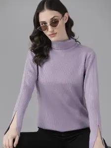 The Roadster Lifestyle Co. Women Lavender Solid Turtle Neck Pullover With Slit Sleeves
