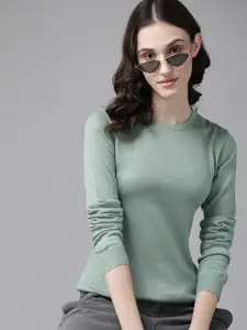 The Roadster Lifestyle Co. Women Mint Green Solid Acrylic Round Neck Pullover