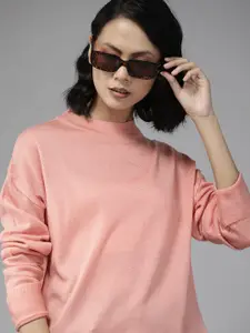 The Roadster Lifestyle Co. Women Pink Solid Acrylic Drop-Shoulder Sleeves Pullover