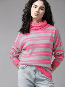 The Roadster Lifestyle Co. Women Pink & Grey Striped Acrylic Sweater