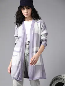 The Roadster Lifestyle Co. Women Lavender & White Checked Longline Front-Open Sweater