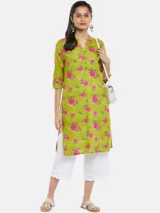 RANGMANCH BY PANTALOONS Women Lime Green Floral Embroidered Thread Work Kurta