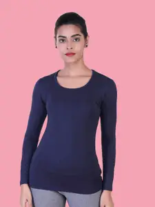 LAASA  SPORTS LAASA SPORTS Women Blue Sports Colourblocked Drop-Shoulder Sleeves Slim Fit Training or Gym T-shirt