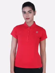 LAASA  SPORTS LAASA SPORTS Women Red Mandarin Collar Applique Training or Gym T-shirt