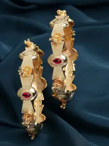 PANASH Set Of 2 Red  Gold-Plated Stone-Sudded Handcrafted Bangles