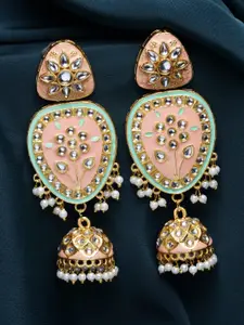 PANASH Women Gold-Plated Kundan Enamelled Pearl Dome Shaped Jhumkas Earrings